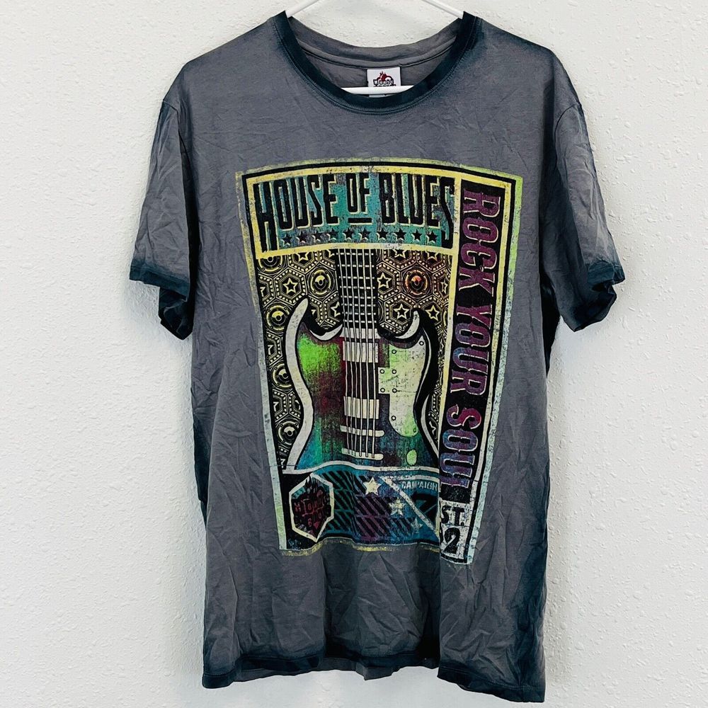 Mens L House of Blues Rock‎ Your Soul T-Shirt Gray Faded Blue Short Sleeve